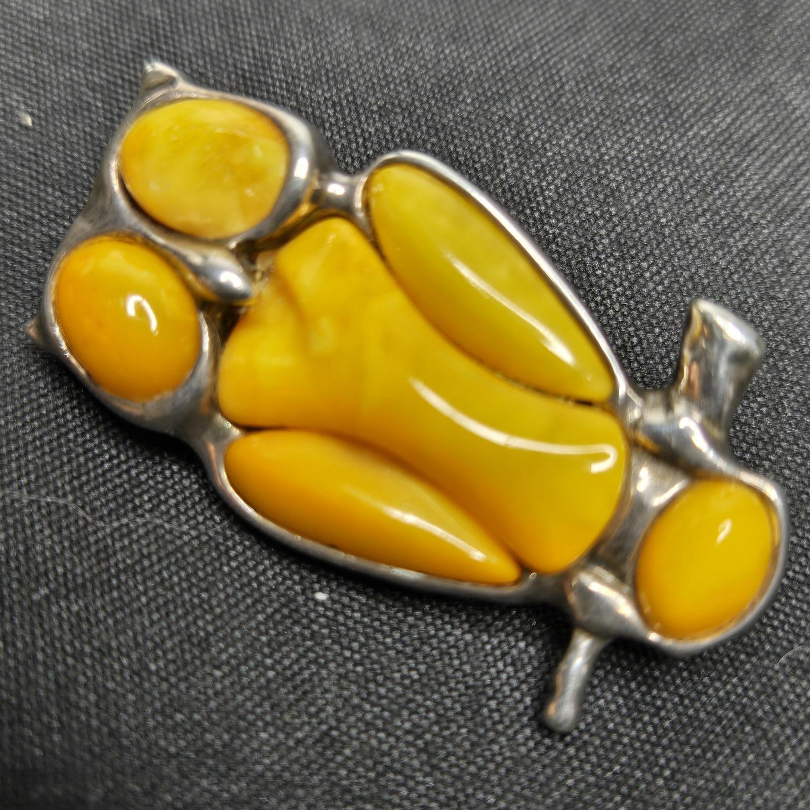 Vintage Sterling Silver Owl Brooch Signed JEK 925 Amber Resin Cabochons