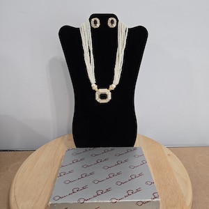 Vintage Oscar de la Renta Faux Pearl Multi Strand Torsade Necklace and Earrings with Box