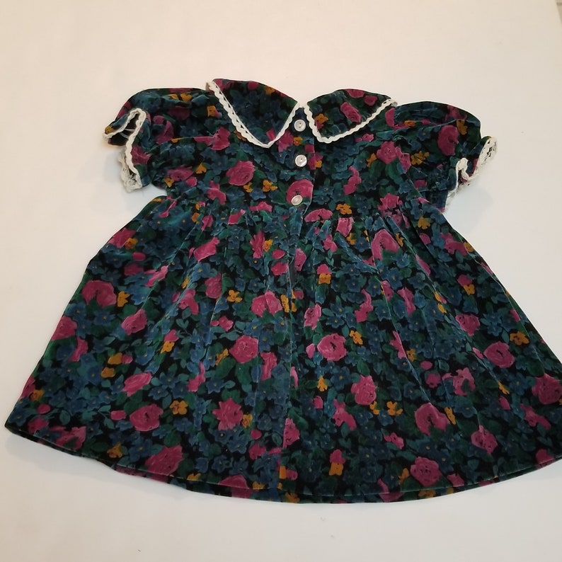 Vintage 100/% Cotton Velvet Floral Baby Dress Size 12 months Vintage Floral Roses Print Victorian Deep Green Teal Pink Party Dress