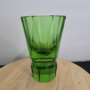 1960's MCM Thick Green Glass Octagonal Shaped Vase, 8 Inch Tall