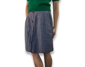 Vintage Lana Lee Canada Petite Button Down Plaid Print Skort, Blue White Cotton Plaid Print Skirt Shorts Size 8 P