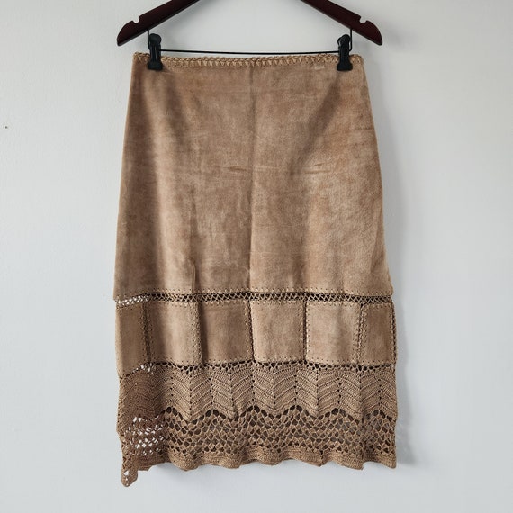 Kenneth Cole Suede Straight Midi Length Tan Lace Cut Out Skirt