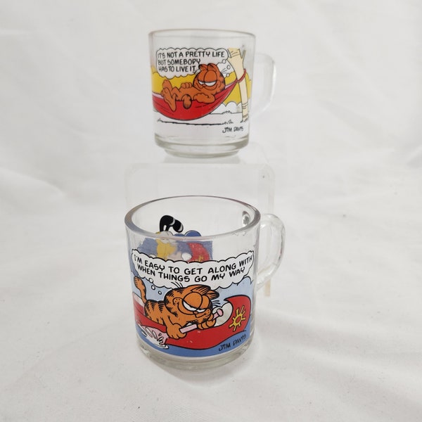 1978 Garfield Mugs, McDonalds Promotional Anchor Hocking USA Set of 2 Garfield Glass Mug Garfield and Friends Character