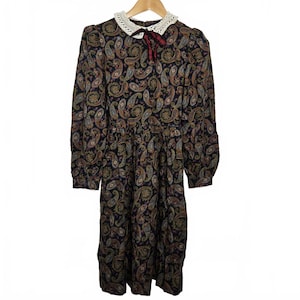 Vintage Alfred Sung Dress Girls 12Y Paisley Lace Collar Long Sleeve Cottagecore