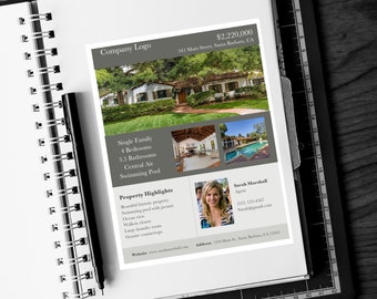 May include: A real estate flyer for a single-family home with a swimming pool. The flyer includes a photo of the home, a description of the property, and contact information for the agent. The home is located at 341 Main Street, Santa Barbara, CA and is priced at $2,220,000.