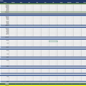 May include: A 2018 Personal Financial Summary spreadsheet with monthly columns for January through December and a total column. The spreadsheet is divided into income and expenses categories. The income categories include Salary/Wages, Business Income, Interest, Dividends, Rental Income, and Other. The expense categories include Home, Daily Living, Transportation, Entertainment, Health, Travel, Personal, and Total Expenses.