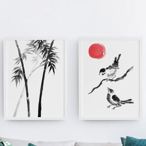 Japanse kunstdruk twee prenten | Wabi Sabi | Sumi E | Japanse inkt | Ukiyo-e | Vintage Oosters | Muurdecoratiekunst | Bamboevogels | Afdrukbare pdf