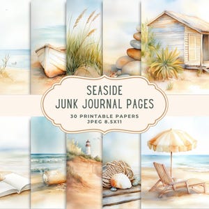 Pages éphémères du Seaside Junk Journal | Papier numérique de plage imprimable | Papier pour scrapbooking aquarelle côtière | Trousse de journal Ocean Junk