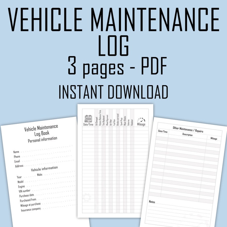 Vehicle Maintenance Log Printable PDF Instant Download Car Maintenance Auto Repair Service Checklist KDP image 1
