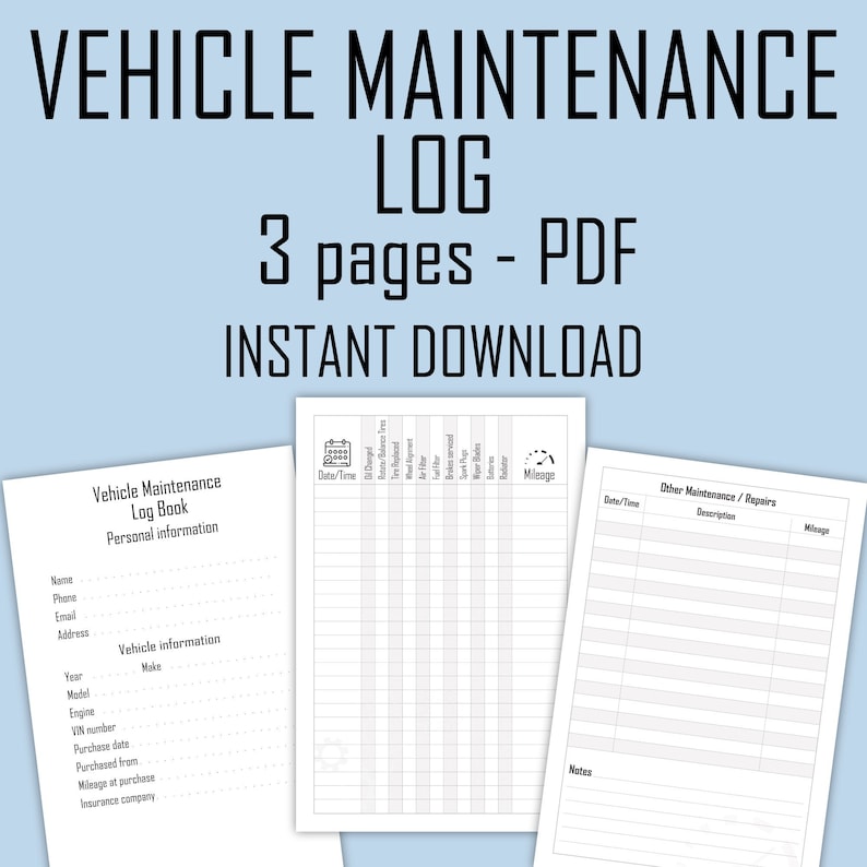 Vehicle Maintenance Log Printable PDF Instant Download Car Vehicle Maintenance Log Printable PDF Instant Download Car