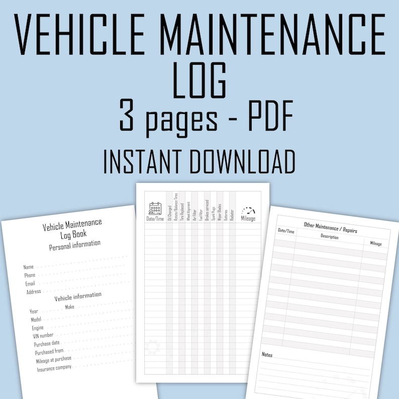 Vehicle Maintenance Log Printable PDF Instant Download Car Maintenance Auto Repair Service Checklist KDP image 1