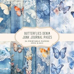 Páginas de diário de borboletas jeans | Papel digital floral azul | Kit de scrapbook para impressão | Download de itens efêmeros de borboletas vintage