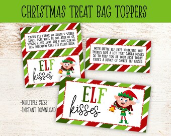 Elf Kisses Christmas Treat Bag Topper | Printable Cookie Bag Topper Candy Cane Bag Topper Goodie Bag Cookie Tag Christmas Party Favor