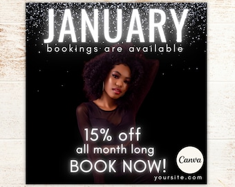 January Booking Flyer, New Year Appointments Available, Bookings Open, Lashes, Hair, Nails, Beauty, Make Up Editable Canva Template