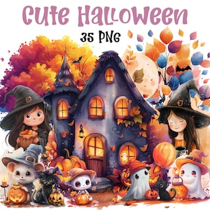 Cute Happy Halloween lllustration Cartoon Clipart PNG Digital Download Halloween Clipart Hounted House Sublimation, Witch Zombie Pumpkin