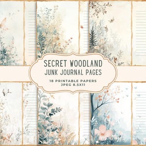 Pagine di diario "Fairy Woodland Junk", effimeri primaverili e fantasiosi, scrapbooking, carta stampabile con motivi naturali, collage digitale, diario fantasy a righe