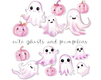 Cute Pink Autumn Ghosts Pumpkins Clipart, Watercolor PNG, Digital Download, Halloween Clipart, Fall Sublimation Autumn, Cozy Halloween