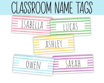 Classroom Name Tags Template Watercolor Stripes Editable | Printable | Classroom Labels | Cubby Name Tags | Desk Plates