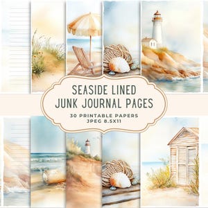 Seaside Junk Journal, pages lignées éphémères | Papier numérique de plage imprimable | Papier pour scrapbooking aquarelle côtière | Trousse de journal Ocean Junk