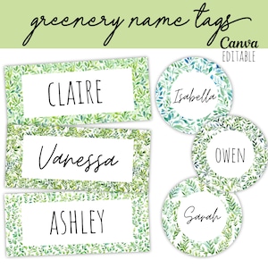 Classroom Name Tags Template Greenery Botanical Leafy Editable | Printable | Classroom Labels | Cubby Name Tags | Desk Plates