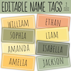 Könnte beinhalten: Editierbare Namensschilder in zwei Größen. Die Schilder sind in verschiedenen Farben, darunter Gelb, Grün, Orange und Pfirsich. Die Namen auf den Schildern sind William, Sophia, Amanda, Amelia, Ethan, Liam, Isabella und Jackson.
