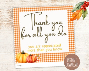 Bedankkaartje Thanksgiving | Bedanktag | Waardering Tag Leraren Personeel Collega Klant PTO Familie | Tag voor herfsttraktatie | Cadeaukaartje voor snoep