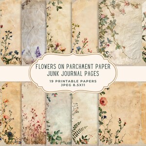 Páginas de diário com flores vintage | Kit digital de papel vegetal para impressão | Papel para scrapbooking botânico | Flores silvestres antigas e efêmeras