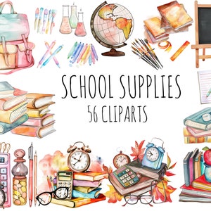 Clipart de útiles escolares, PNG de acuarela, descarga instantánea, imprimibles en el aula, libros, cuadernos, lápices, crayones,