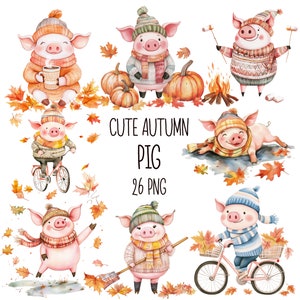 May include: A set of 26 digital illustrations of cute pigs in autumnal settings. The pigs are wearing sweaters, hats, and scarves. Some are riding bikes, holding mugs, or relaxing on blankets. The illustrations are perfect for creating cards, invitations, or other crafts.