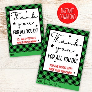 Kerstwaardering Cadeaukaartje | Bedankt-tag | Tag Leraren Personeel Collega Klant | Favor Tag Buffalo Plaid Winter Treat Tag afdrukbaar