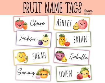 May include: Eight colorful name tags featuring fruit characters with names written in black. The names are: Claire, Ashley, Jackson, Brian, Sarah, Isabella, Sammy, and Owen. The tags are designed for a fruit-themed party or event.