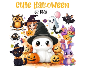 Cute Halloween Kawaii Cartoon Clipart, PNG, Digital Download, Funny Halloween Clipart, Halloween Sublimation, Witch Zombie Mummy Pumpkin Owl