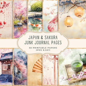 Páginas de diario basura japonés Sakura / Papel digital de acuarela japonés / Kit de efímeras de flor de cerezo / Scrapbooking de primavera imprimible