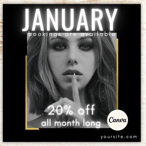 January Booking Flyer, New Year Appointments Available, Bookings Open, Lashes, Hair, Nails, Beauty, Make Up Editable Canva Template