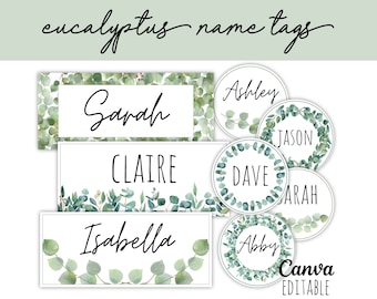 Classroom Name Tags Template Eucalyptus Greenery Botanical Editable | Printable | Classroom Labels | Cubby Name Tags | Desk Plates