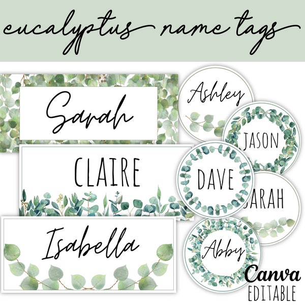 Classroom Name Tags Template Eucalyptus Greenery Botanical Editable | Printable | Classroom Labels | Cubby Name Tags | Desk Plates
