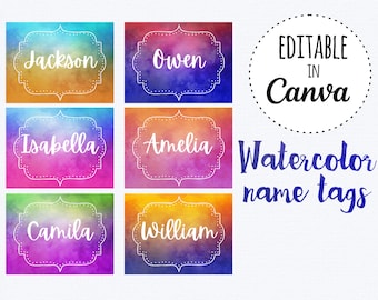 Classroom Name Tags Template Watercolor | Editable | Printable | Classroom Labels | Back To School | Boho Name Tags | Desk Plates