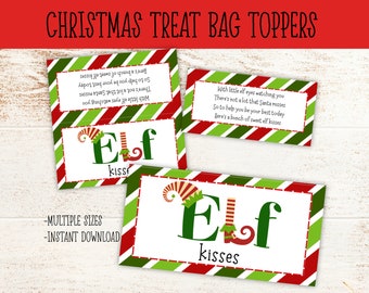 Elf Kisses Christmas Treat Bag Topper | Printable Cookie Bag Topper Candy Cane Bag Topper Goodie Bag Cookie Tag Christmas Party Favor