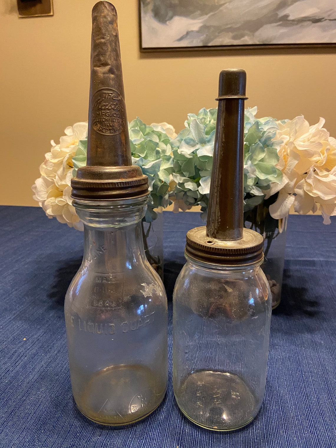 Two 2 Vintage Glass Oil Bottles with Metal Spouts | Etsy