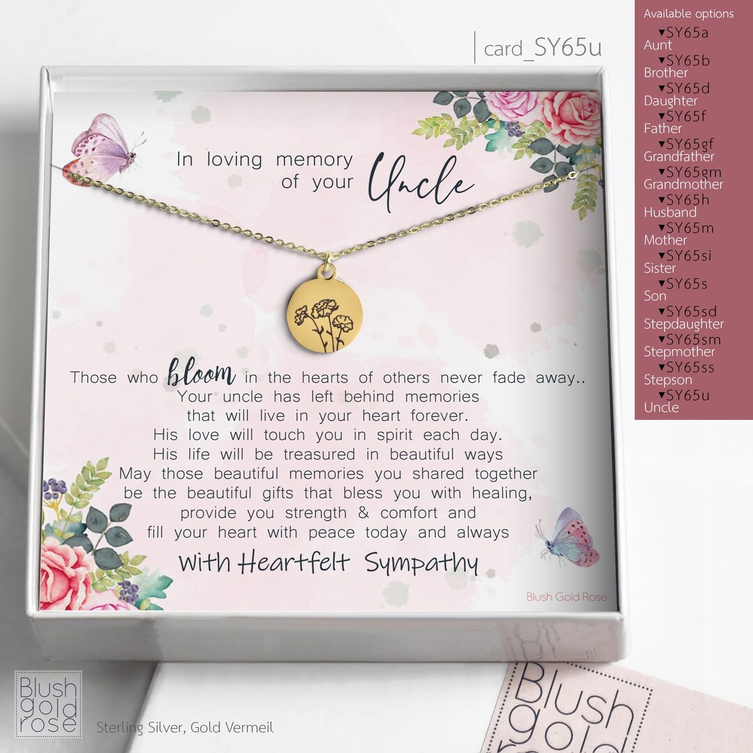 Uncle Rip Flower Card Loss of Uncle Sympathy Gift, Engraved Birth Flower Necklace ...