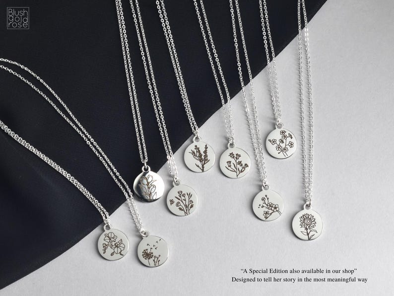 May include: A collection of silver necklaces with round pendants, each featuring a different floral design. The necklaces hang against a black and white backdrop. The text in the image says "A Special Edition also available in our shop" and "Designed to tell her story in the most meaningful way".