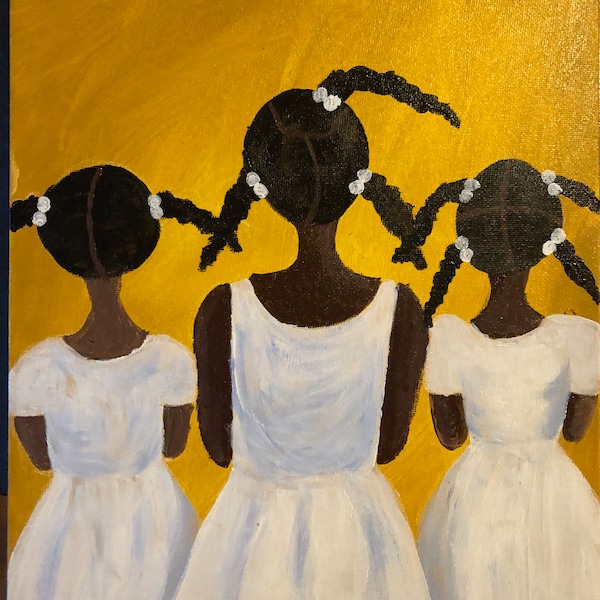 African American girl hair series “Three Sisters” Gullah Art, Black folk art, kids art