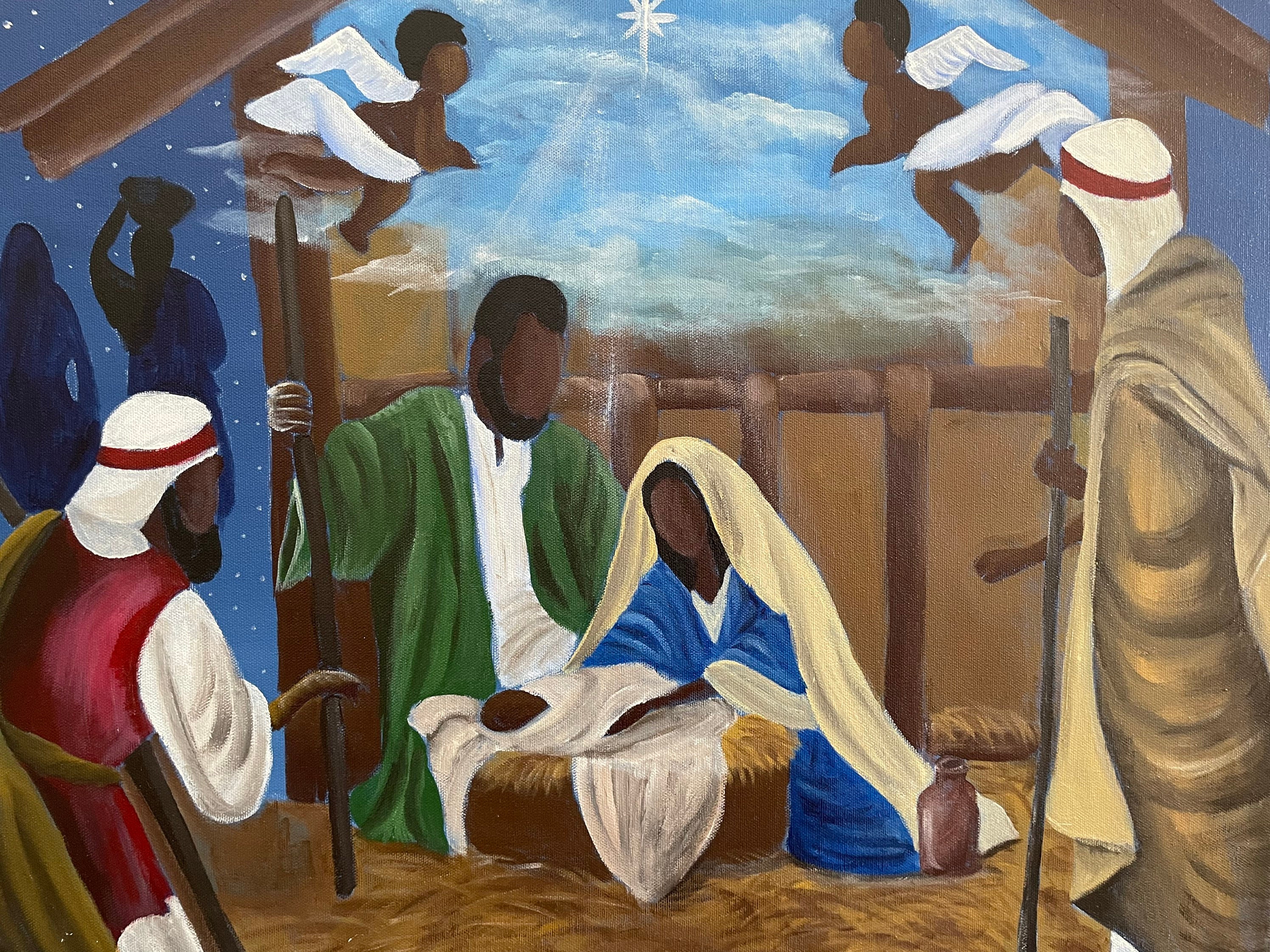 Nativity scene in ebony wood, complete nativity scene, ebony wood sculpture, Holy Family santon