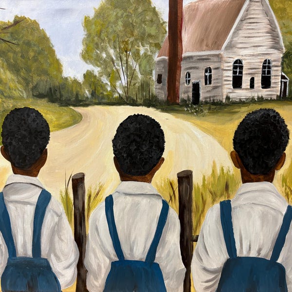 African American Black Boy Joy series “The Old Church House” Gullah Art, Black folk art, kids art, original painting