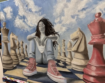 African American Original oil painting “The Pawn and the Player” Black Art, Loc Art