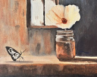 Original Oil Painting 8x10 | Contemporary Figurative Art, Still Life with Flower and Butterfly