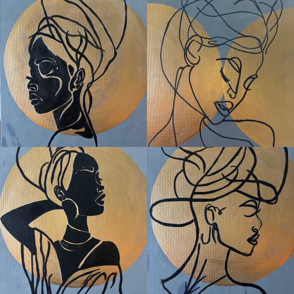 Set of 4 African American original acrylic paintings | boho | minimalism | line art