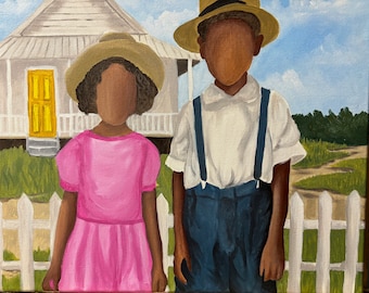 African American girl hair series “House With the Yellow Door” Gullah Art, Black folk art, kids art