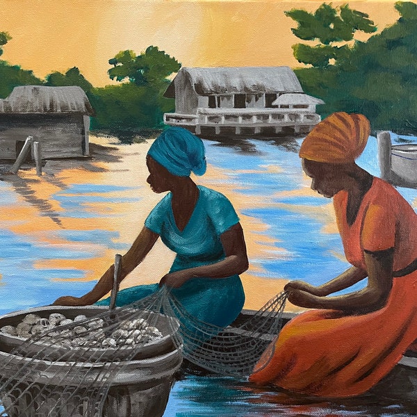 Gullah original acrylic painting “Oysters for Dinner” | African American Art