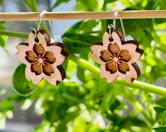 Sakura Cherry Blossom Earrings — Japanese Yuzen Chiyogami & Laser Engraved Wood